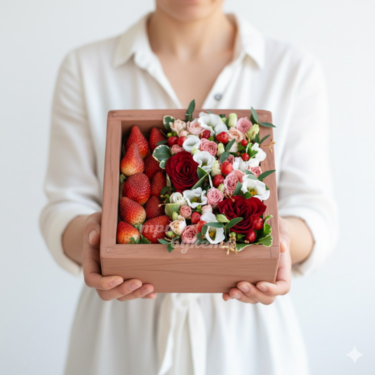 Клубника с цветами в ящичке